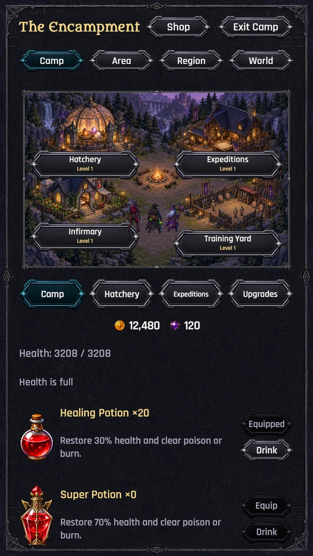 Build your Encampment with a hatchery, expedition lodge, infirmary, and training yard.