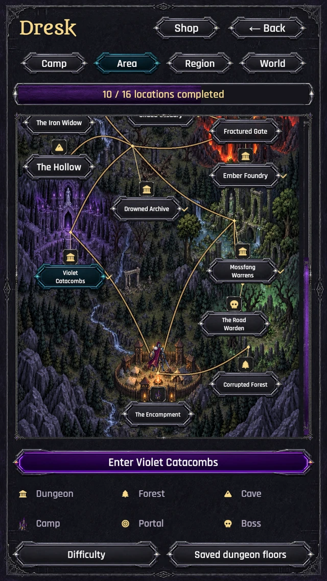 Explore Dresk’s connected dungeons, side paths, camps, and roaming bosses.